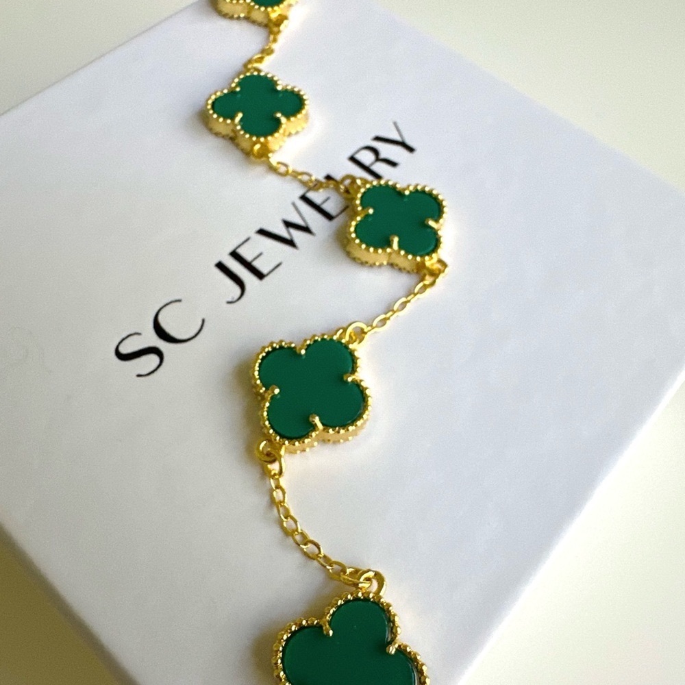 Last 3 🔥 Green Onyx Stone & Gold Clover Bracelet Double Sided Luxury Jewelry - Picture 3 of 10